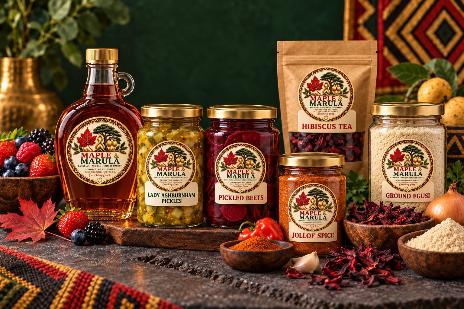 Maple and Marula concept packaging for maple syrup, Lady Ashburnham pickles, sliced pickled beets, jollof spice, hibiscus tea and ground egusi
